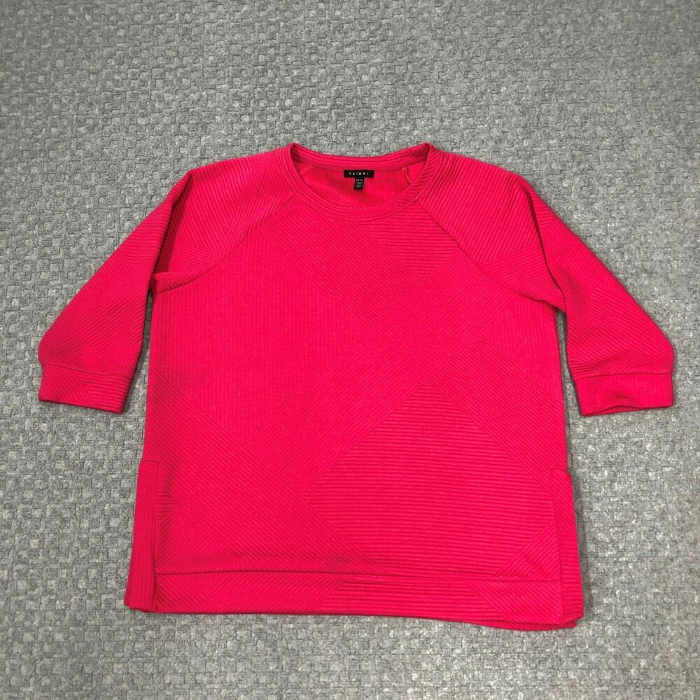 Tribal Shirt Womens XL Pink Crew Neck Knit 3/4 Sleeve Tunic Pockets Stretch